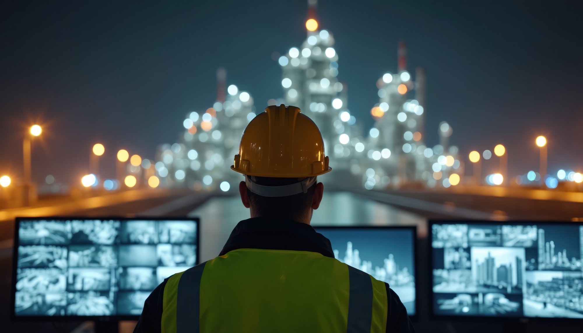 Security Worker Watches Plant at Night. Man Controls Process on Monitors in Control Room. Engineer Looks at Industrial Manufacture Complex. Safety Inspector Monitors Factory Operation with